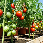 **Tomato Plant in a Garden**: "A vibrant home garden scene featuring healthy tomato plants thriving under sunlight. The tomatoes are ripe and red, with green leaves surrounding them. The setting shows a warm, sunny day with a temperature gauge reading above 15 degrees Celsius, emphasizing the ideal growing conditions for tomatoes."