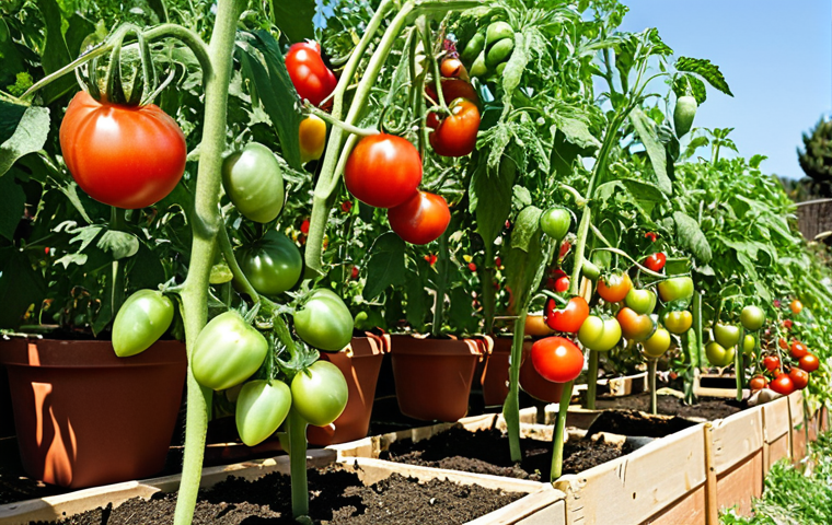**Tomato Plant in a Garden**: "A vibrant home garden scene featuring healthy tomato plants thriving under sunlight. The tomatoes are ripe and red, with green leaves surrounding them. The setting shows a warm, sunny day with a temperature gauge reading above 15 degrees Celsius, emphasizing the ideal growing conditions for tomatoes."